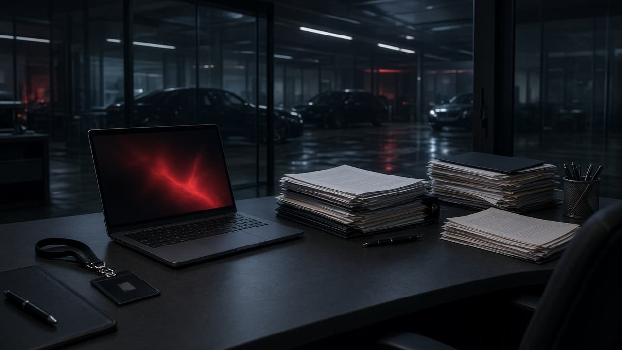 Dealership finance office at night with customer files and an unlocked laptop